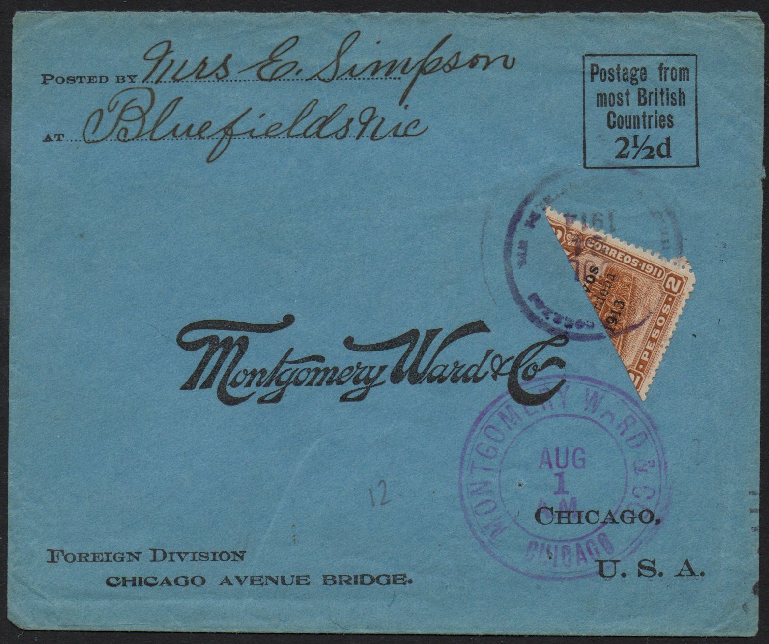 Nicaragua stamps 1913 surcharges Locomotive 10c / 2 Pesos bisect on cover Bluefields to New Orleans 1914